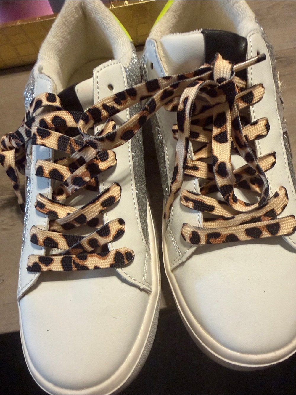 No Boundaries White Sneakers with Leopard Laces and Silver Glitter Panels